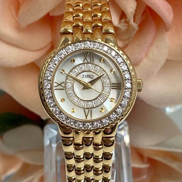 Diamonique Accessories - DMQ Diamonique CZ Bezel Mother of Pearl Dial Gold-Tone Dress Watch